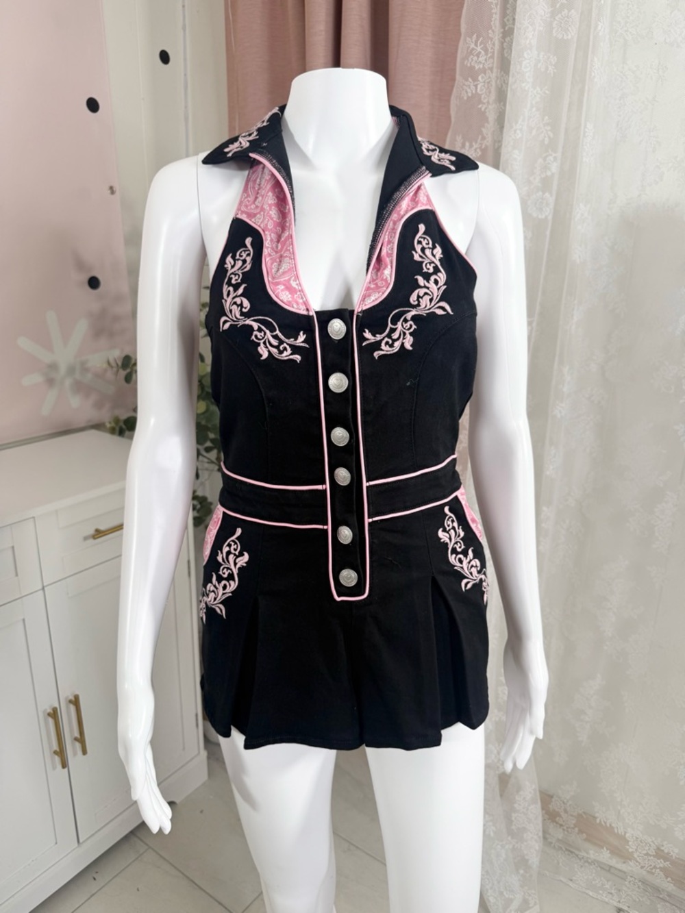 Sugar Thrillz Black & Pink Embroidered Halter Romper Bin#5 - Picture 1 of 4